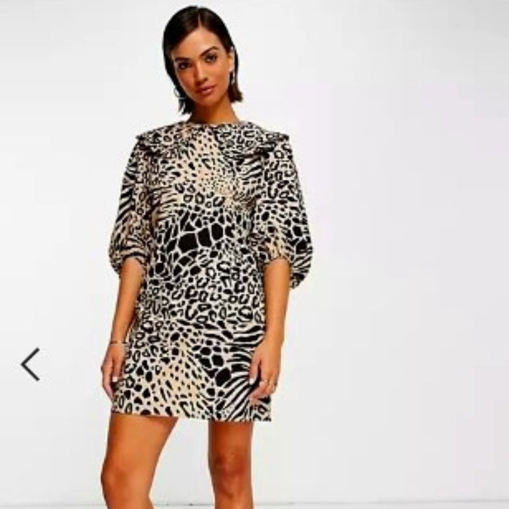 NWT Mango Animal Print Shift Dress with Peter Pan Collar and Puff Sleeves